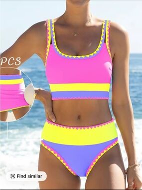 Neon Pink Colorblock Swim Top with Yellow & Lavender Accents